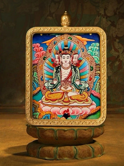 Vairocana Buddha Tibetan Hand-Painted Thangka Pendant - Zodiac Goat & Monkey Guardian Amulet