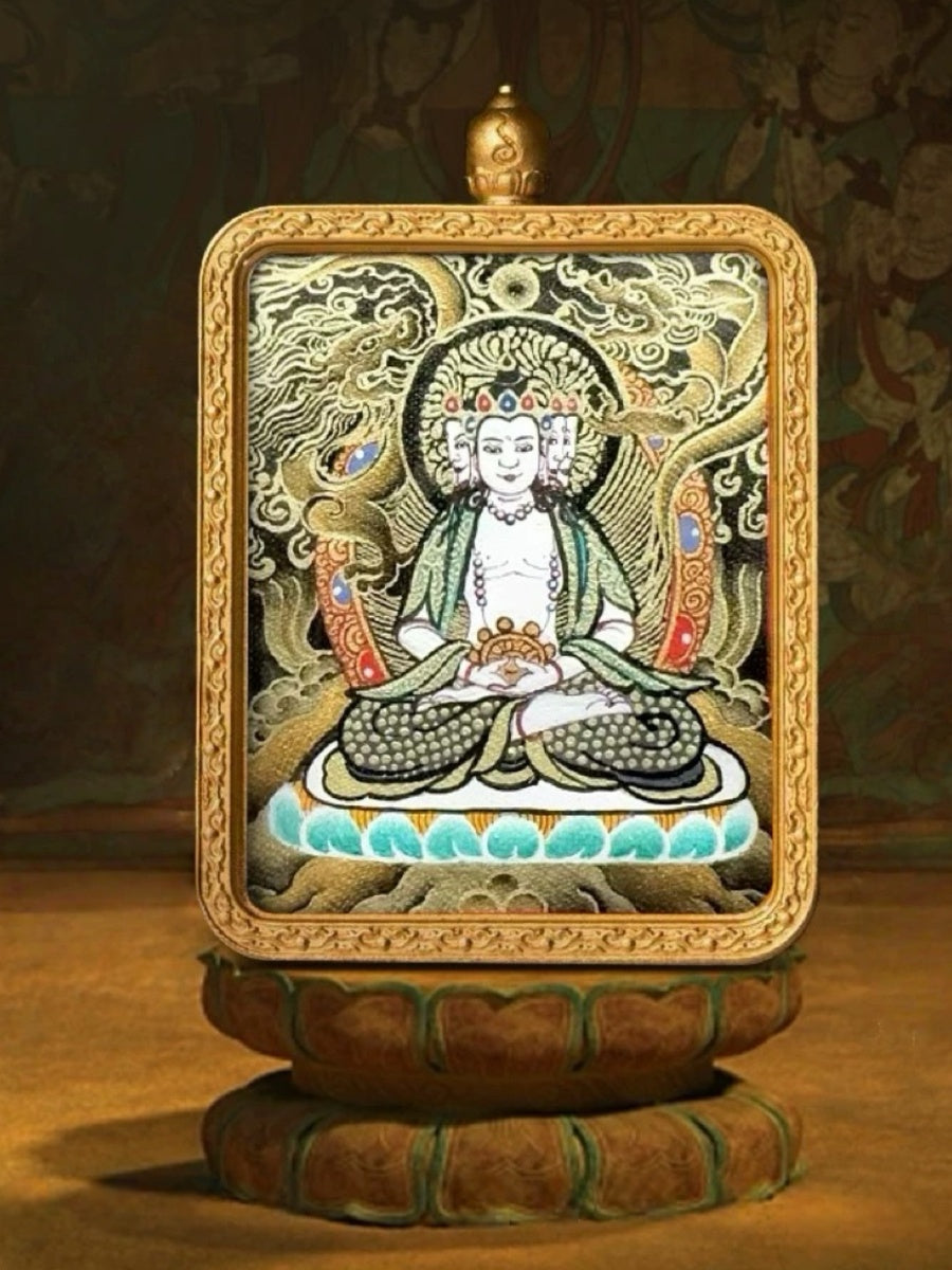 Vairocana Buddha Tibetan Hand-Painted Thangka Pendant - Zodiac Goat & Monkey Guardian Amulet
