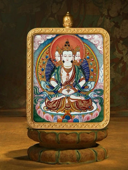 Vairocana Buddha Tibetan Hand-Painted Thangka Pendant - Zodiac Goat & Monkey Guardian Amulet