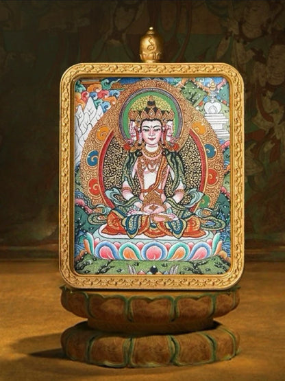 Vairocana Buddha Tibetan Hand-Painted Thangka Pendant - Zodiac Goat & Monkey Guardian Amulet